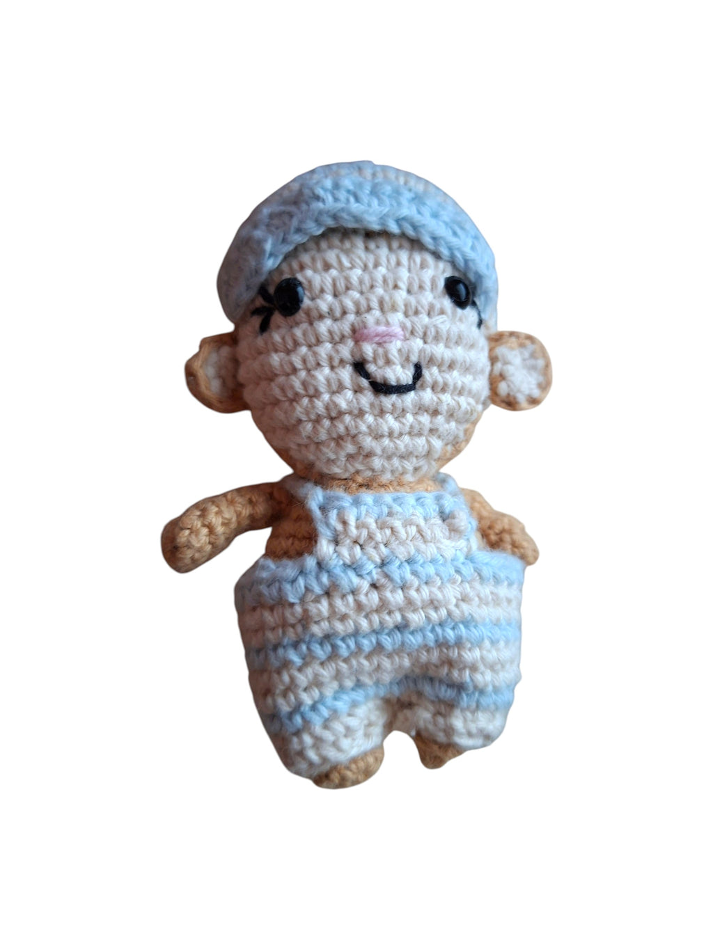 Elliot le singe amigurumi crochet caramel et bleu vue de face