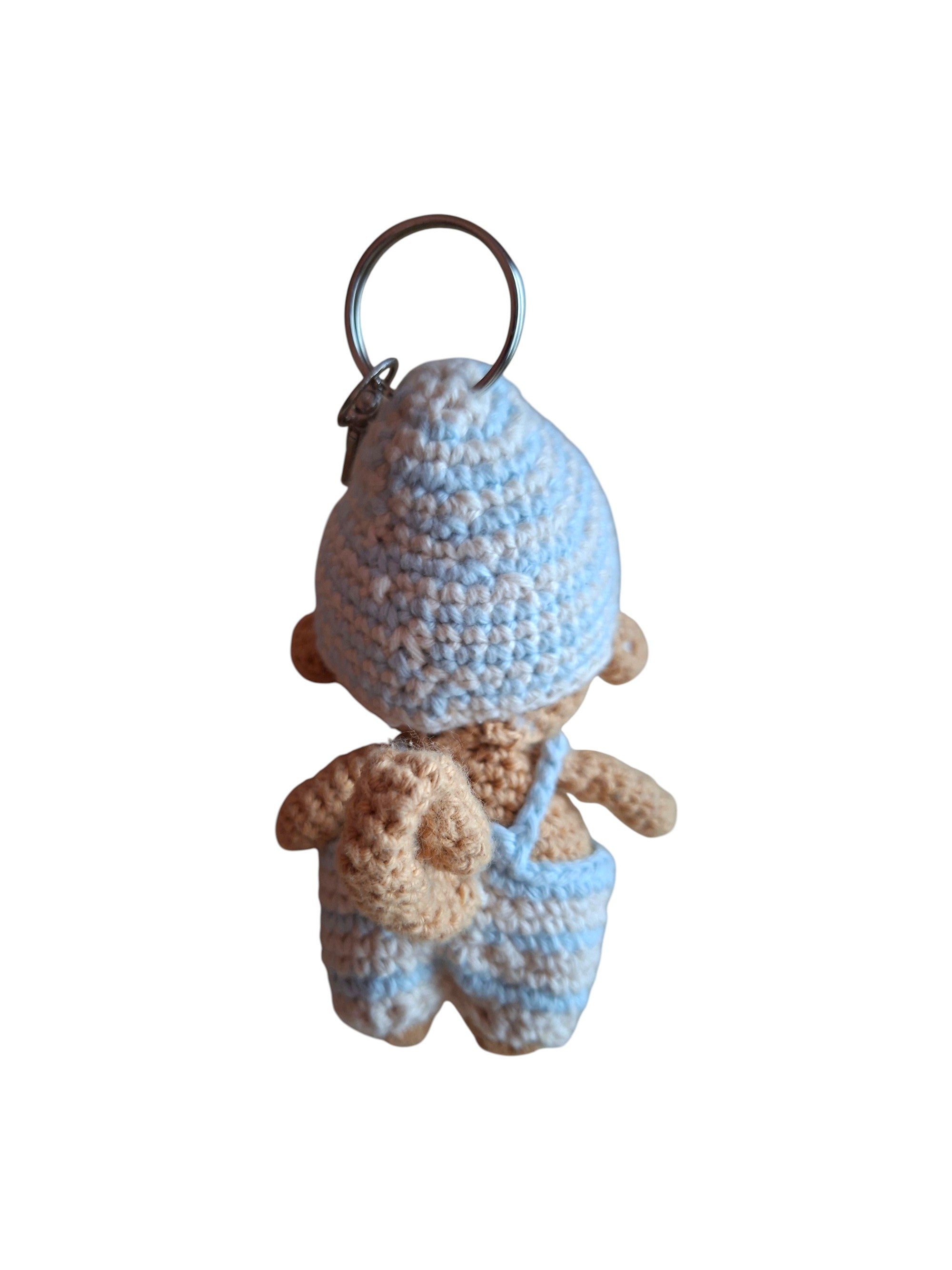 Elliot le singe amigurumi crochet caramel et bleu vue de dos